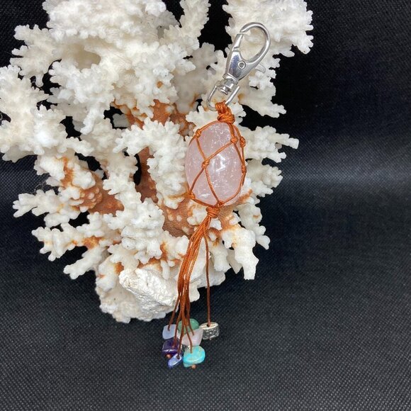 Source Unknown Accessories - New Looped handle boho style macrame rose quartz keychain/bag clip